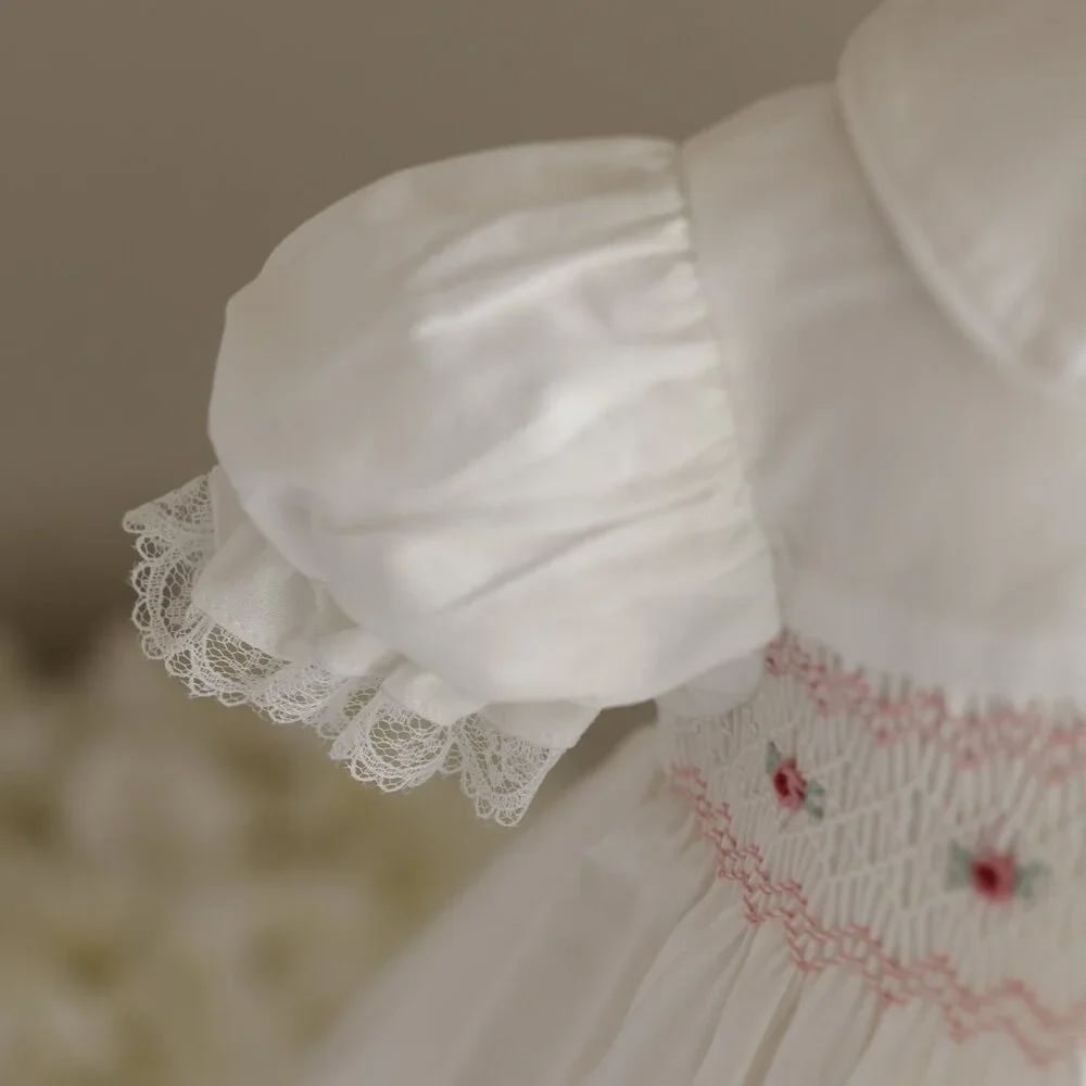 White Smocked Dress 9/12 Month Hand Embroidery Flower Girl Spring Portrait